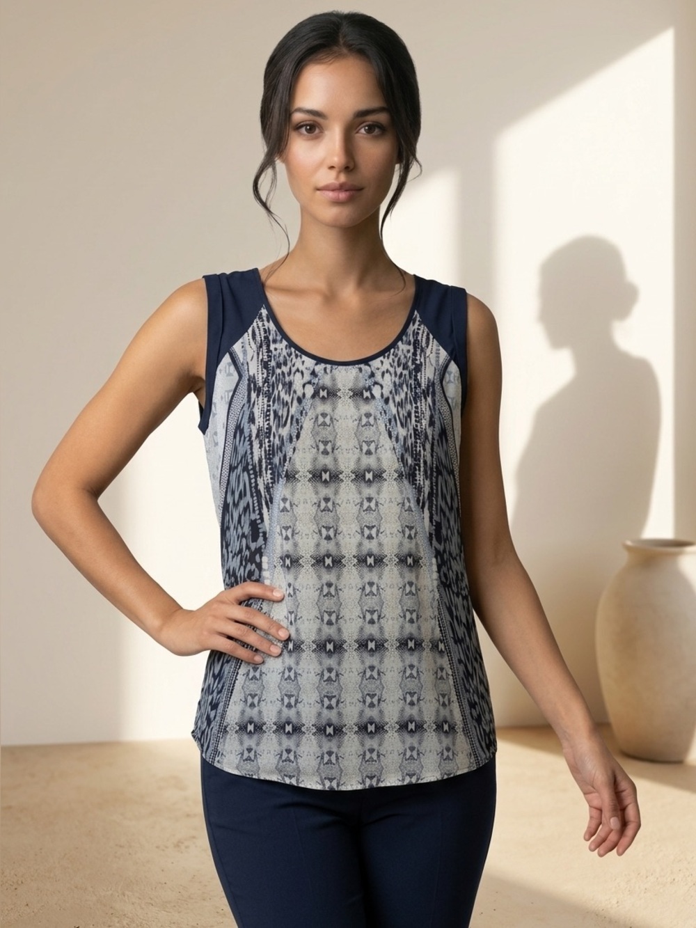CAbi Navy and Cream Printed Sleeveless Lined Shell - Picture 1 of 5